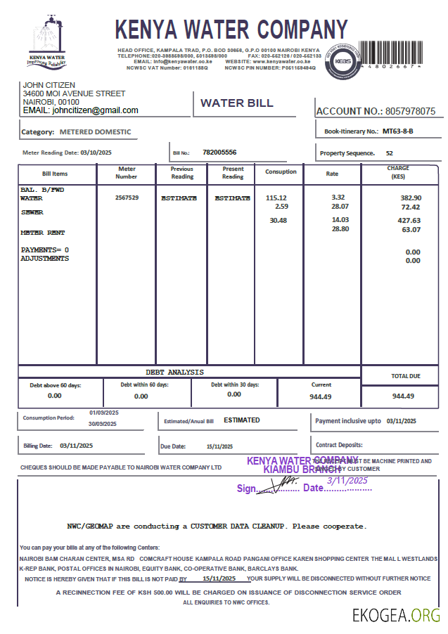 Kenya Kenya Water Company utility bill template in Word and PDF formats